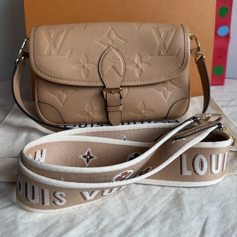 Louis Vuitton Beige Monogram Empreinte Diane with Logo Strap in Color Arizona